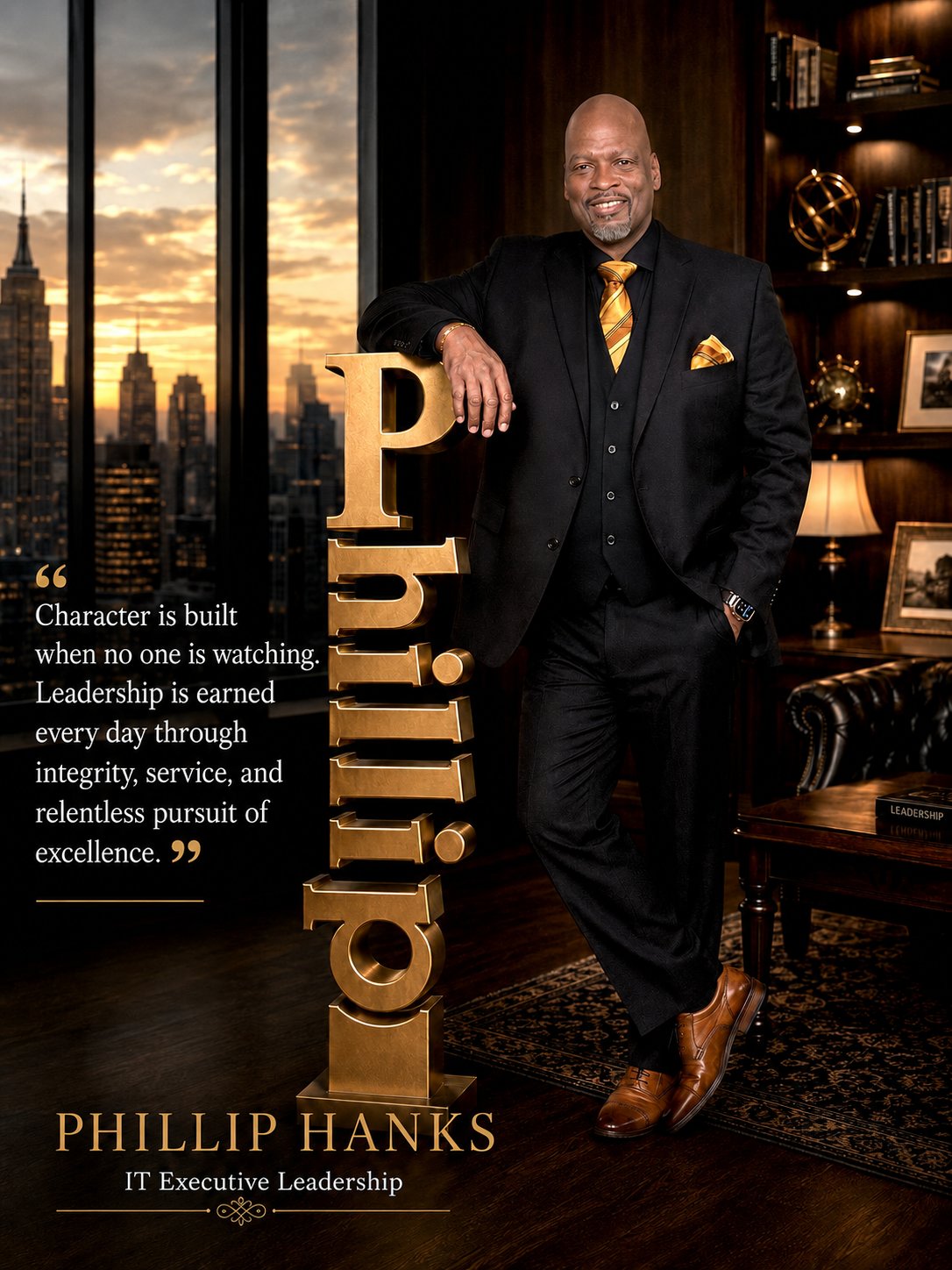 Phillip O. Hanks in an executive office setting beside a statement about character, integrity, service, and excellence